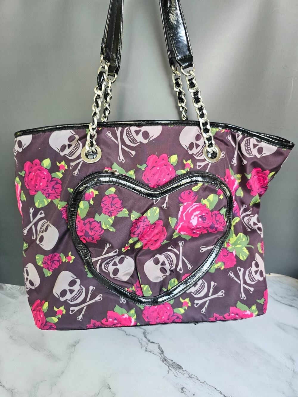 Betsey Johnson Skull Roses Print Large Tote Bag Chain Strap Purple Y2K Goth 2000